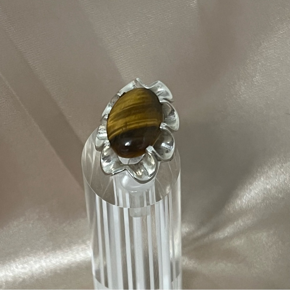 Vintage Sterling Silver Ribbon Ruffle Edge Tiger's Eye Ring‎ 925 Size 5.5 Unique